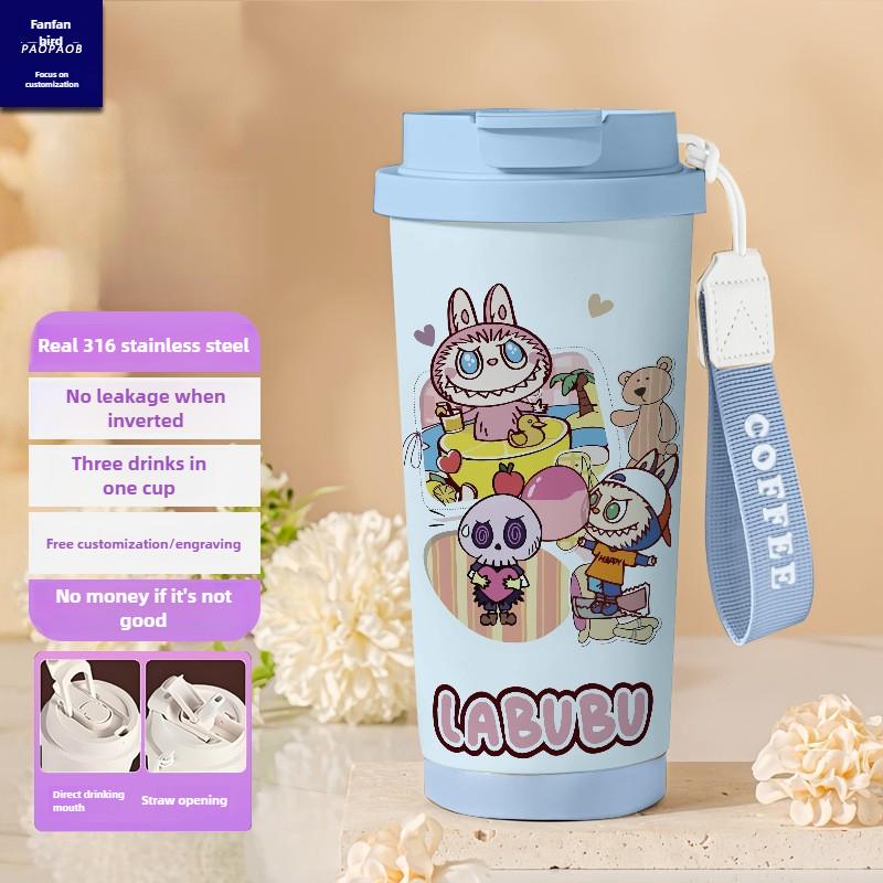 Tecknad Rostfri Stålkopp Högvärdig Termosmugg 3D Dubbel Drickstrå Kaffekopp
