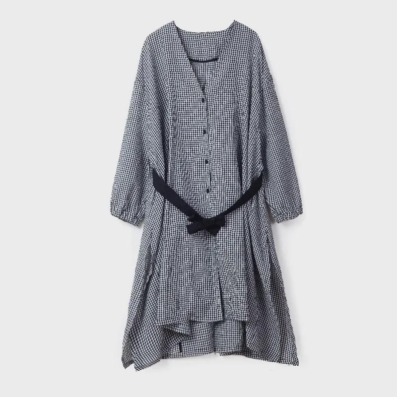 Korean V-Neck Plaid Dress for Plus Size - Loose Fit, Mid-Length with Open Button Design