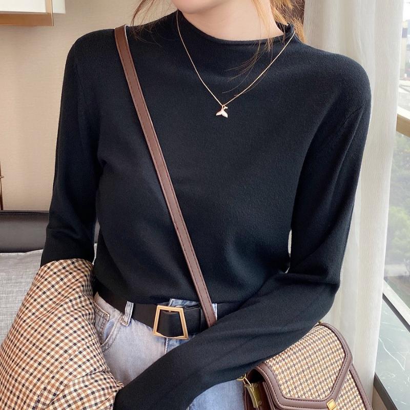 Høst Tynn Underdel Ensfarget Basis Pullover Genser for Kvinner Vinter Langermet Halvhøy Hals Strikkede Gensere Damer Elegant Casual Strikkeplagg 24843