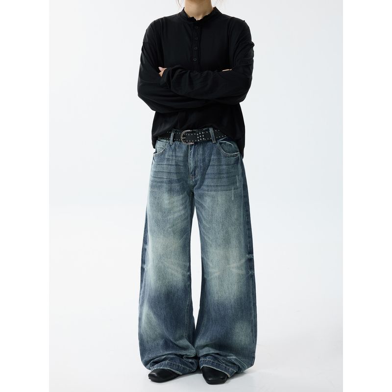 Blaexit American-Style Cleanfit Washed Whiskered A-Line Dark Blue Jeans Unisex Loose Straight Wide-Leg Pants