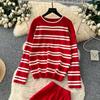Autumn Winter Women Casual Striped Knitted Sweater Trouser Two Piece Set Full Sleeve Pullover Tops and Wide Leg Pant Tracksuit