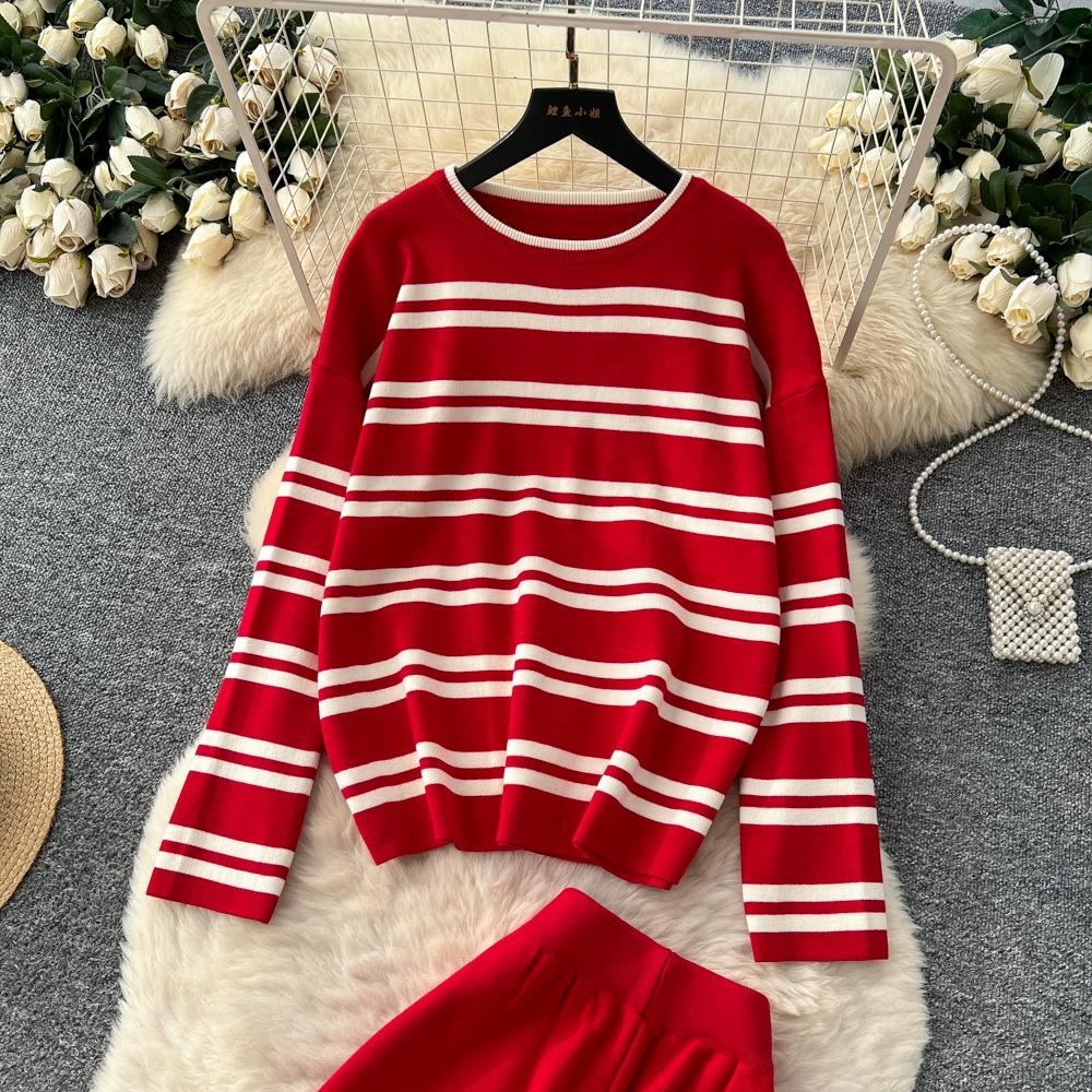 Autumn Winter Women Casual Striped Knitted Sweater Trouser Two Piece Set Full Sleeve Pullover Tops and Wide Leg Pant Tracksuit