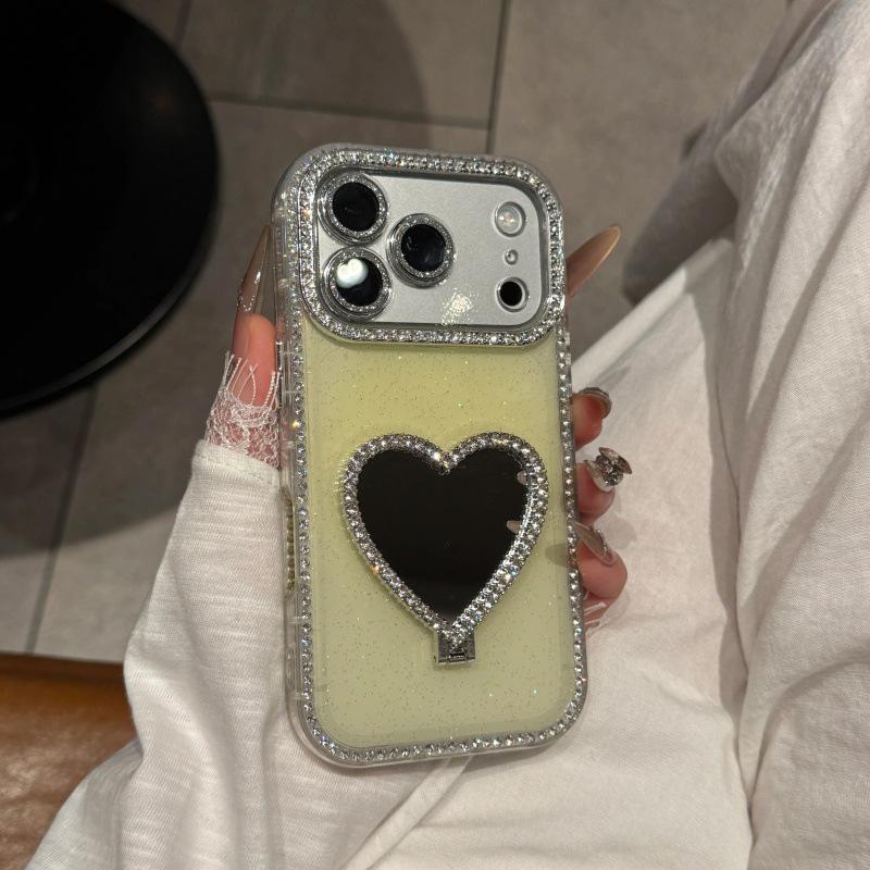 Heart-Shaped Mirror Bracket for iPhone 14-17 Pro Cases with Side Drill and Glitter