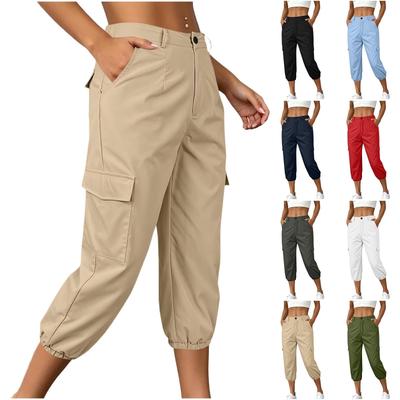 Damen Freizeit-Cargohose mit Taschen Elastischer Saum Verstellbarer Bund Leichtes Strapazierfähiges Gewebe Lockere Passform