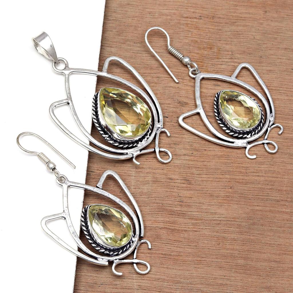 Lemon Topaz Gemstone Mother's Day Jewelry Pendant Earring Set