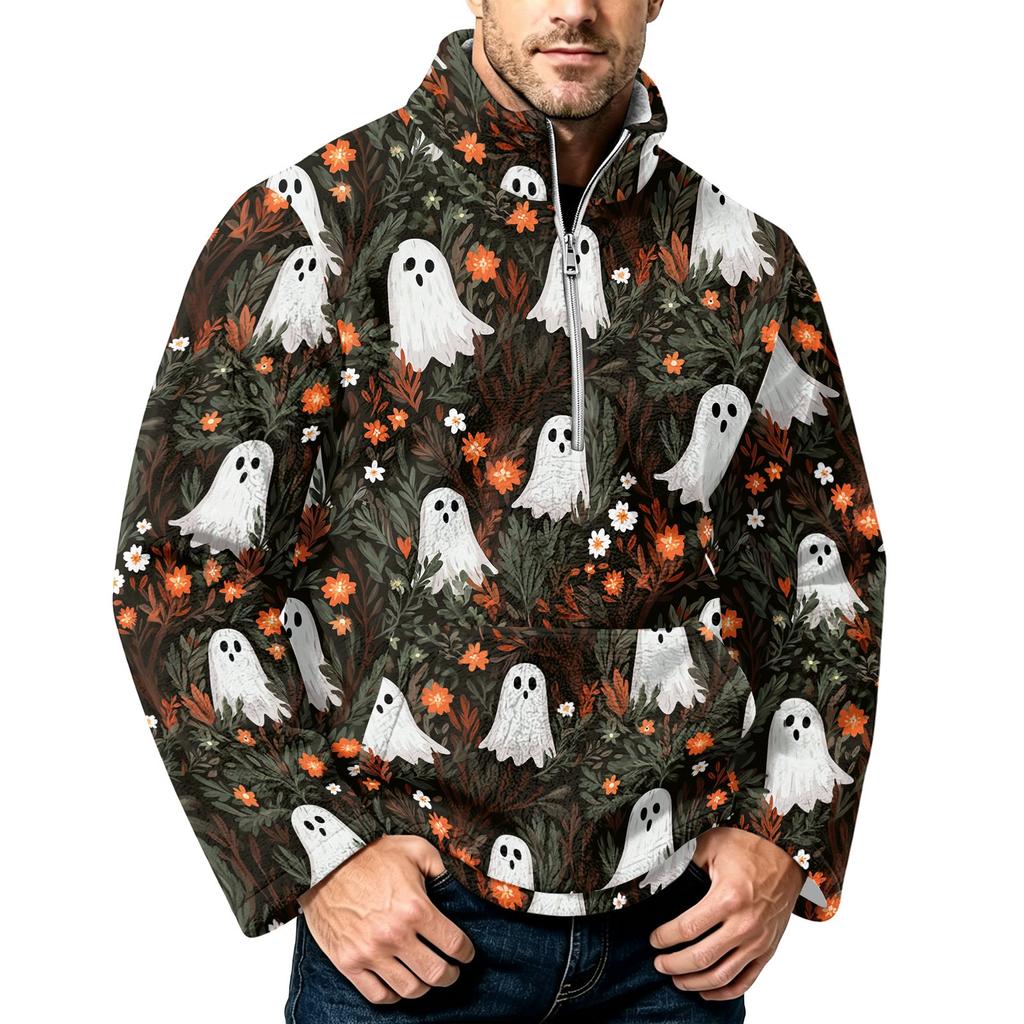 Men's Halloween Print Flannel Zip-Up Sweatshirt, Plus Size Stand Collar Casual Fall Winter Top