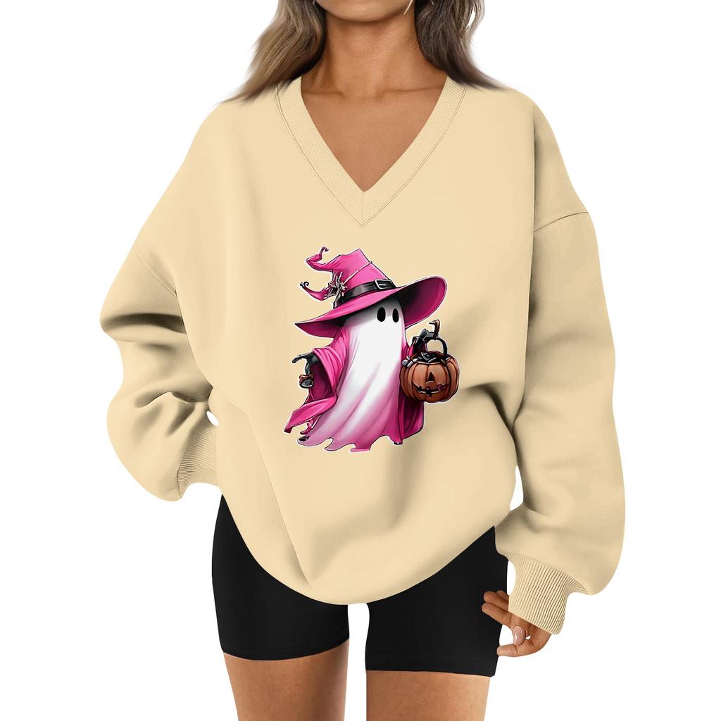 Women's V-neck Dropped Shoulder Halloween Print Sports Sweatshirt Top