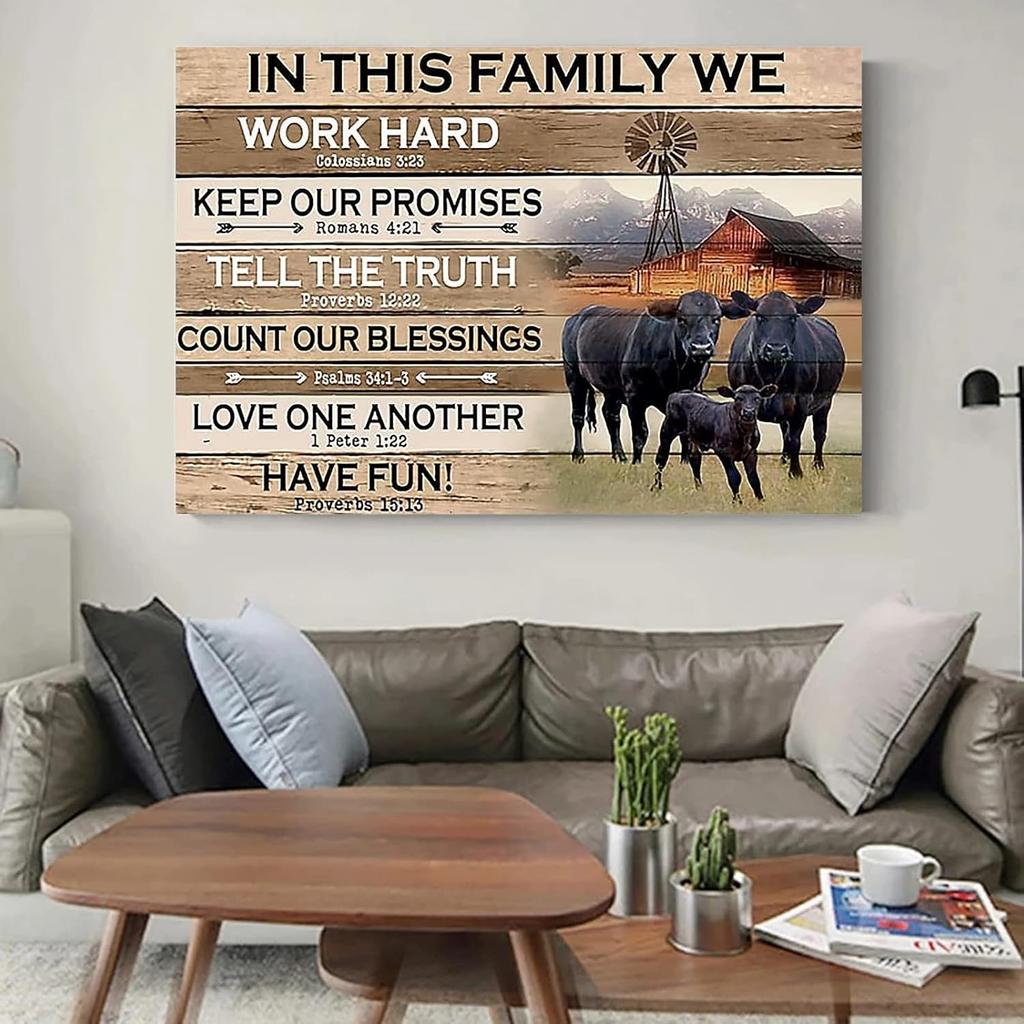 In This Family Black Angus Cattle Poster Cattle Wall Art Canvas Farmhouse Cow Wooden Rustic Inspirational Quotes Art Prints Vintage Themed