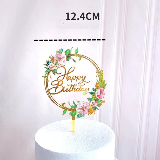 Neuer farbiger Blumen Happy Birthday Tortenaufsatz Goldener Acryl Geburtstagsparty Dessert Dekoration für Babyparty Backzubehör