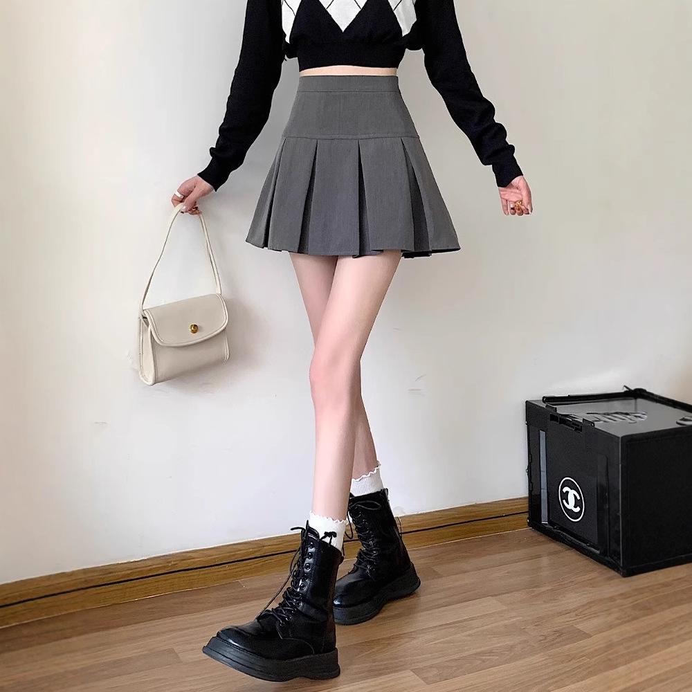 Women's Gray High-Waist Pleated A-line Skirt - Slimming, Petite, Spring/Autumn 2024