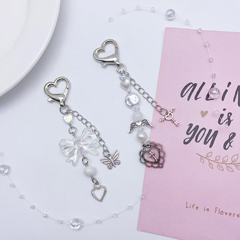 Butterfly Beaded Phone Lanyard Bowknot Pendant Wrist Strap Detachable Phone Chains Keyring Portable Accessory for Women