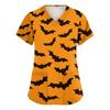 Women's V-Neck Short Sleeve Scrub Top with Pockets Halloween Print for Work