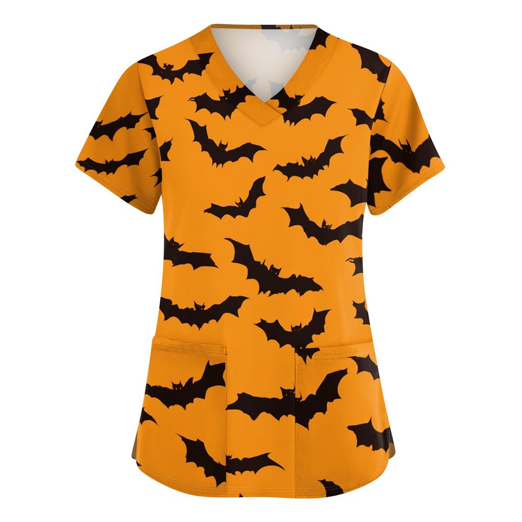 Women's V-Neck Short Sleeve Scrub Top with Pockets Halloween Print for Work