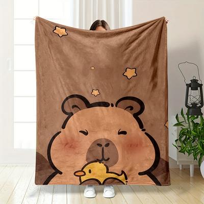 Ördek Baskılı Kapibara Desenli Yumuşak Flanel Battaniye - Dijital Baskılı Çift Taraflı Polyester Flanel, Her Mevsim için Rahat Battaniye - Ev Ofis için