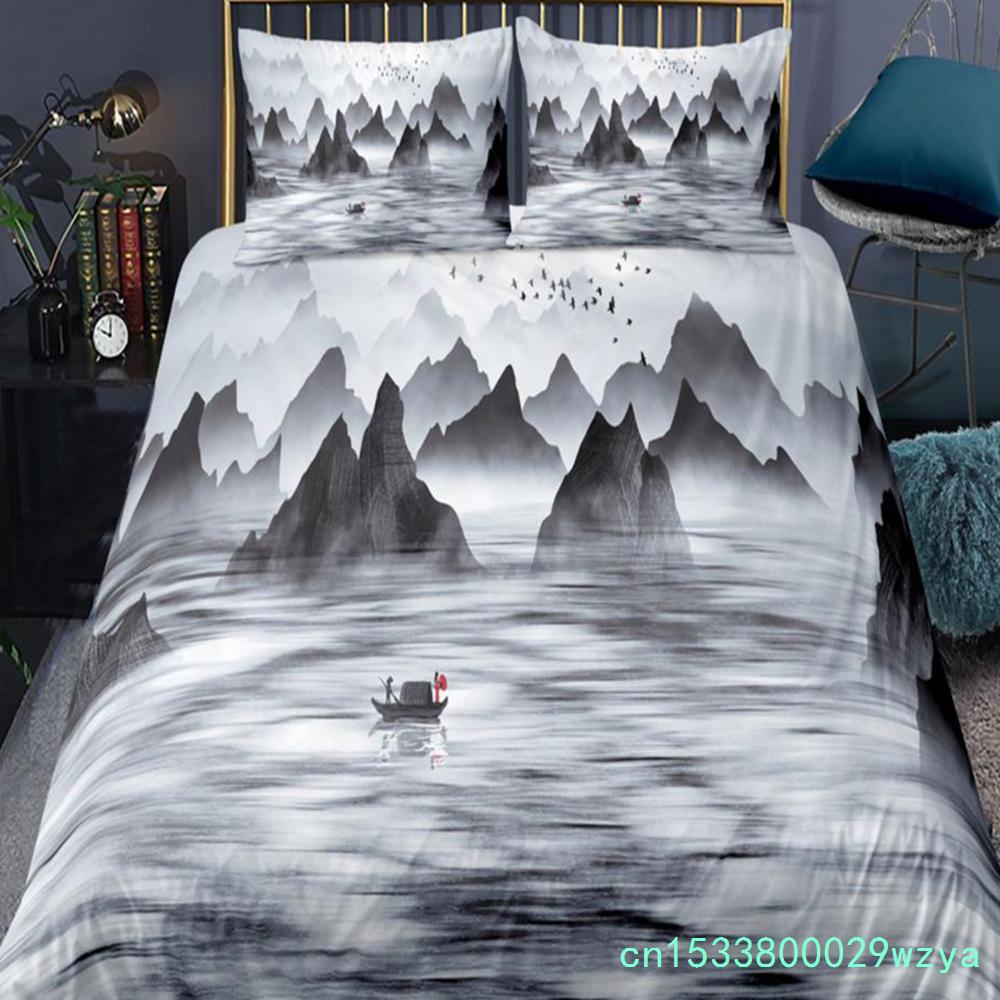 Set da letto paesaggistico in stile cinese Set copripiumino con fiori di prugno con federa Biancheria da letto Singolo Matrimoniale King Size Set piumone