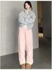 Pink High-Waist Fleece Lined Wide Leg Pants - Warm, Versatile, and Cozy for Autumn and Winter