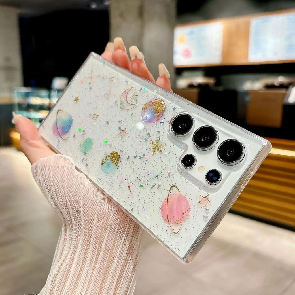 Clear Silicone Glitter Star Planet Case For Samsung Galaxy S24 S23 Plus Ultra FE A55 A35 A25 A15 A54 A34 A14 A05 A04S Soft Cover