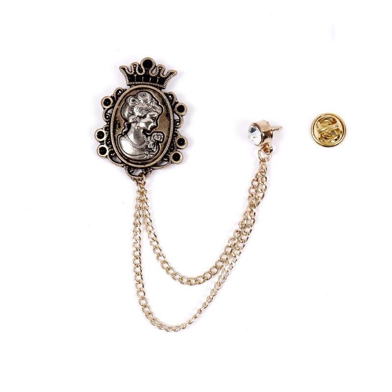 

Vintage Beauty Lady Head Crown Brooches Fashion Jewelry Luxury Trendy Host Stage Male Suit Collar Pin Tassel Chain Accessories античний срібного кольору