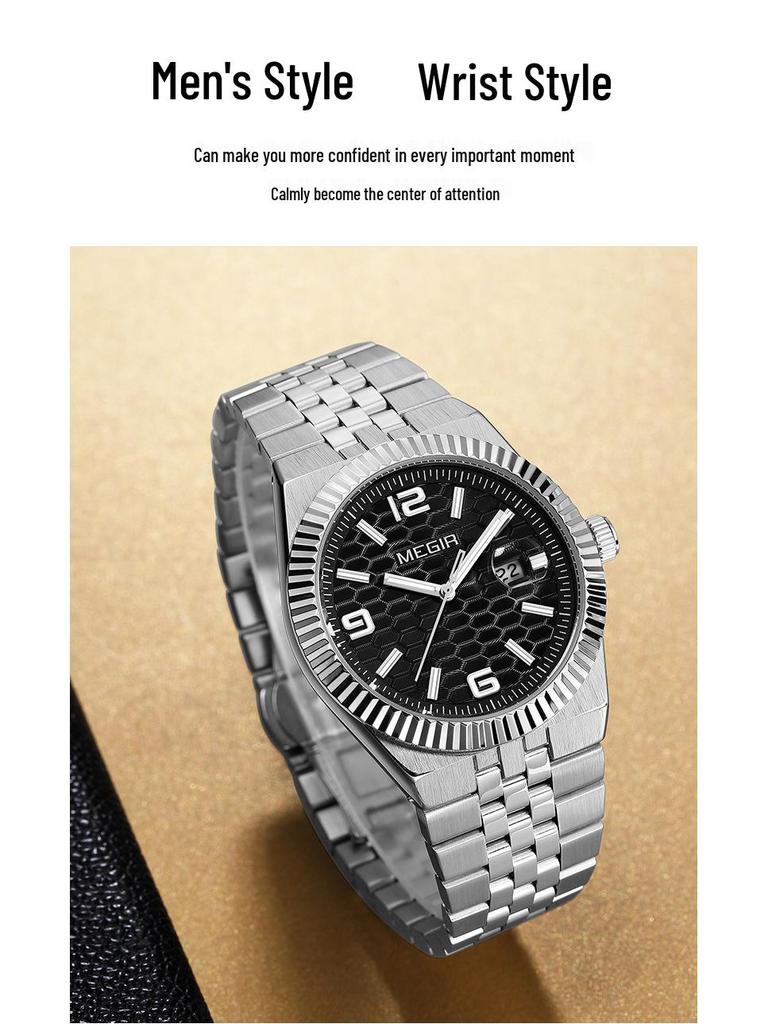 MEGIR Lucifiel Men's Luminous Waterproof Steel Band Quartz Calendar Watch