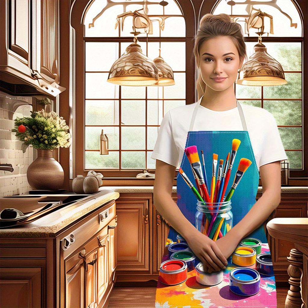 1pc 2D Flat Paint Brushes and Jars Apron Linen Art Kitchen Baking Cooking Colorful Design Adjustable Neck Strap Home Use