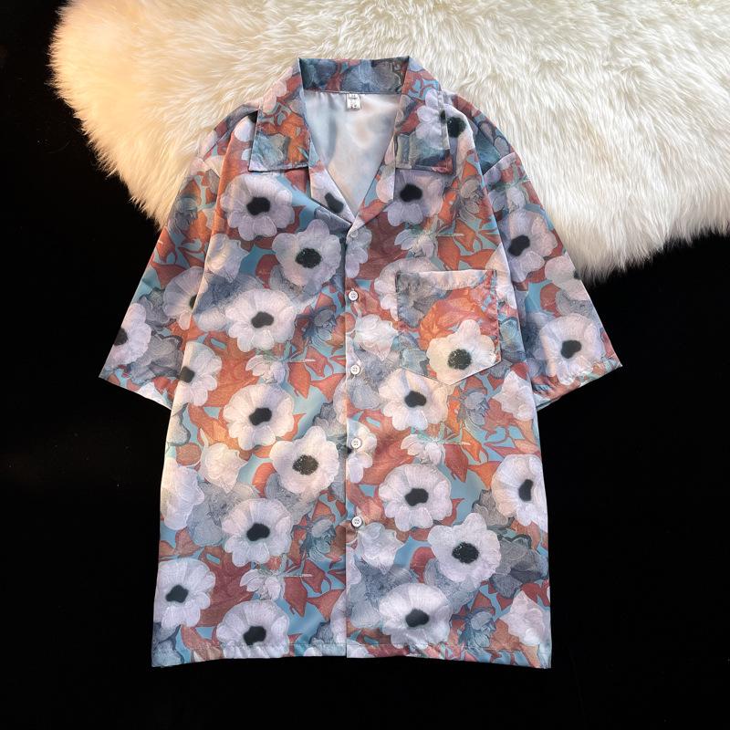 Unisex Vintage Kubakrage Blomsterskjorte - Løs passform, Hong Kong-stil, Kort erm, Perfekt for strand og par
