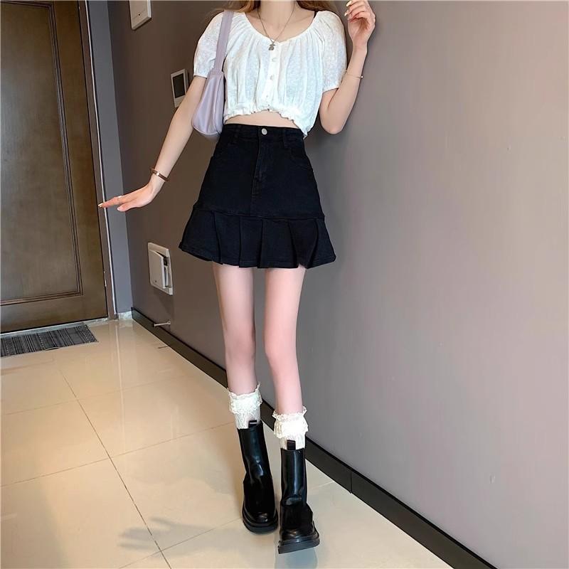 Women's Black Pleated Skirt Summer Spring Autumn Grey High-Waisted A-Line Slimming Petite JK Short Casual All-match Versatile Skirt