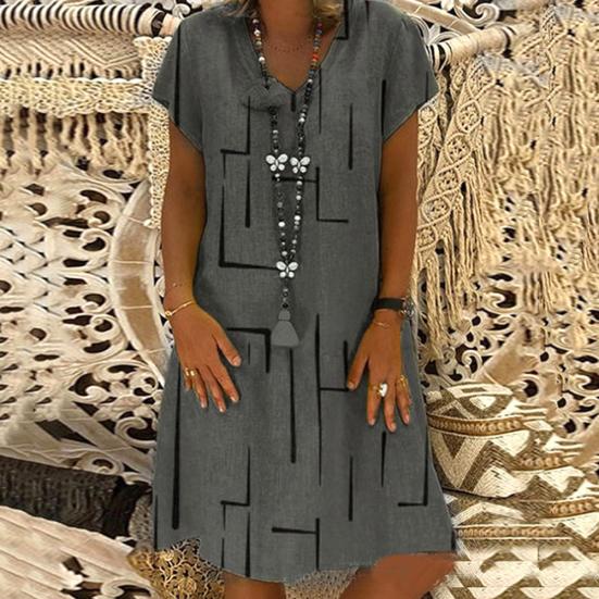 Robe Vintage pour Femme, Couleur Unie, Col en V, Manches Courtes, Imprimée, Coupe Ample, Longueur Genou