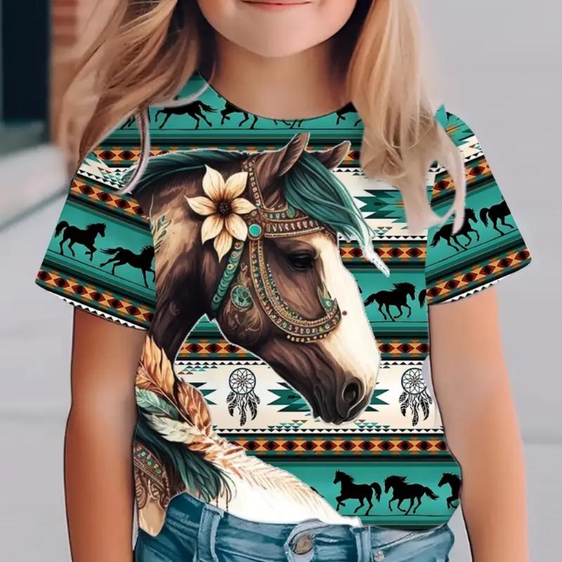Vestiti per Bambina Estate Carini e Divertenti Animale Cavallo Girocollo Maniche Corte Stampa Maglietta Moda Streetwear Top Maglietta Bambina