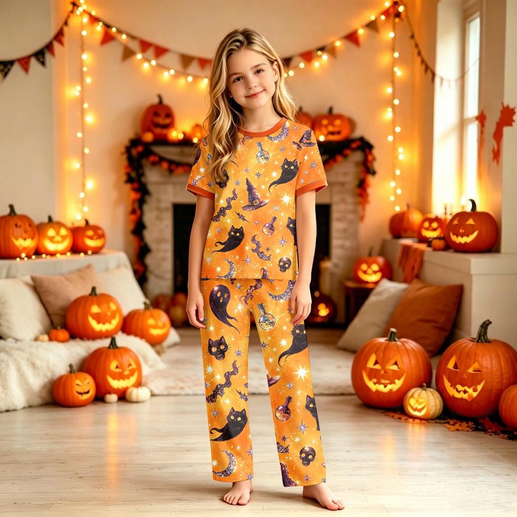 Family Matching Halloween Pajama Sets Short Sleeve T-Shirt and Pants Print Wear for Women Men Kids