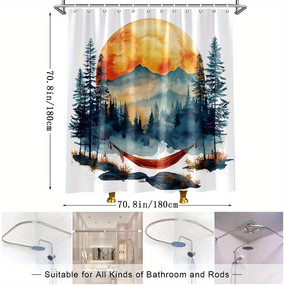 1pc Mountain Sunset Theme Shower Curtain, Vibrant Nature with Hammock, Polyester Fabric, Bathroom Decor, Featuring 12 Hooks,