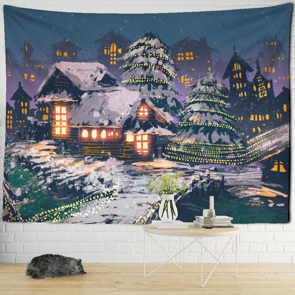 Christmas Snowy Night Travel Map Tapestry Wall Hanging Psychedelic Forest House Illustration Home Living Room Decor