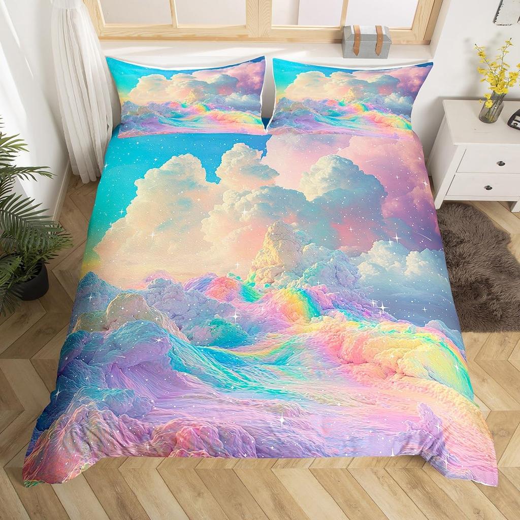Comforter Pink Blue Cloud Pattern Queen King Size Starry Sky Bedding Set Girls Room Decoration Dream Garden 3 Pcs