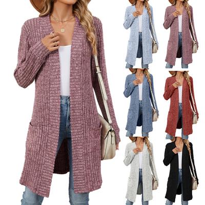 Women's Fall Winter Long Knit Cardigan Coat, Oversized Open Front Solid Color Sweater with Pockets, Cozy Long Sleeve Casual Outerwear