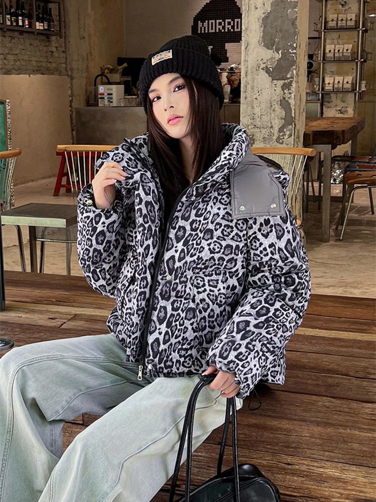 Women's Thickened Short Detachable Hood Leopard Print Jacket