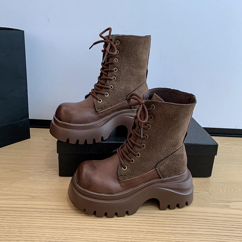 Fashion Aphixta Classical 7cm High Chunky Heel Women's Ankle Boots Cross-tied Leather Women's Autumn Boots Korean Style Platform Boots