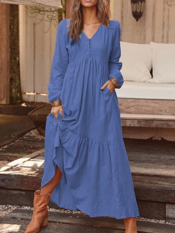 2026 Spring and Autumn European and American Foreign Trade Women's Clothing Buttons Cotton and Linen Retro Casual Long-sleeved Dress Big Pendulum Long