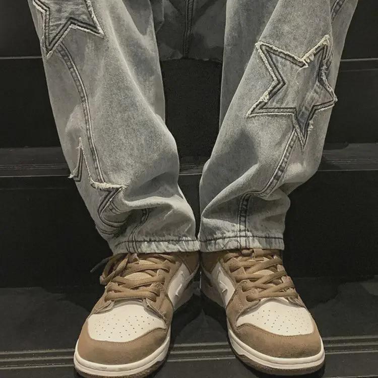 Men's Blue Star Patch Loose Straight-Leg Jeans - High Street Summer Fashion