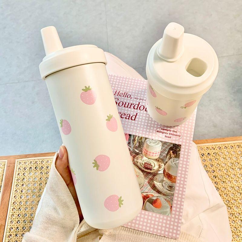 Kawaii Strawberry Thermos Bottle Stainless Steel Vacuum Insulated Straw Cup Cute Girls Outdoor Ice Coffee Drinking Water Cup