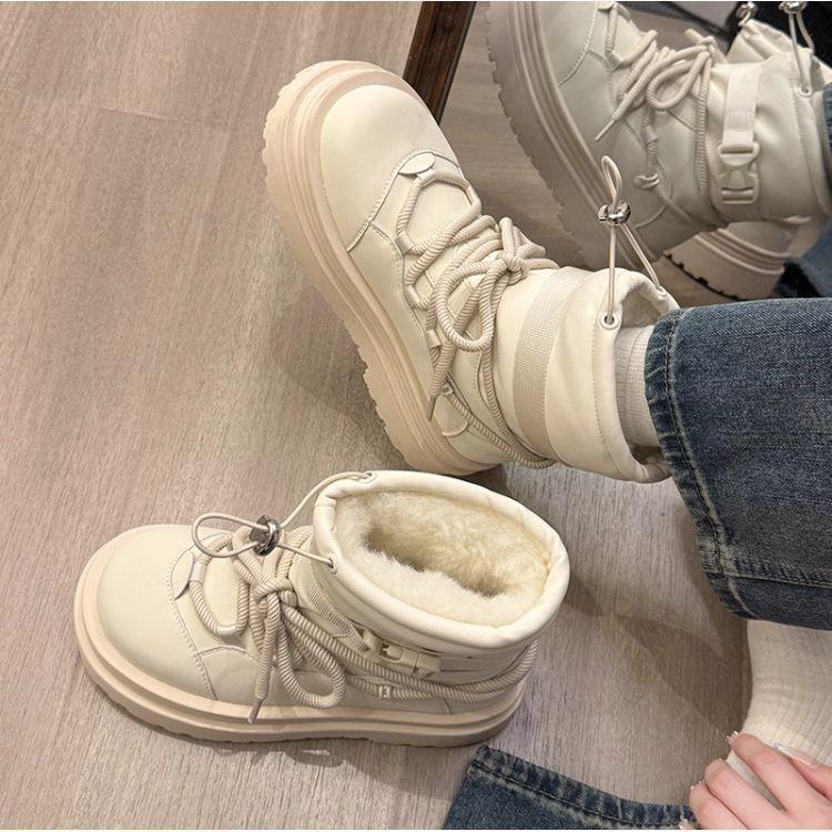 Women's large size lace-up soft sole winter warm fur snow boots padded lined ankle boots non-slip hiking casual sports cotton boots