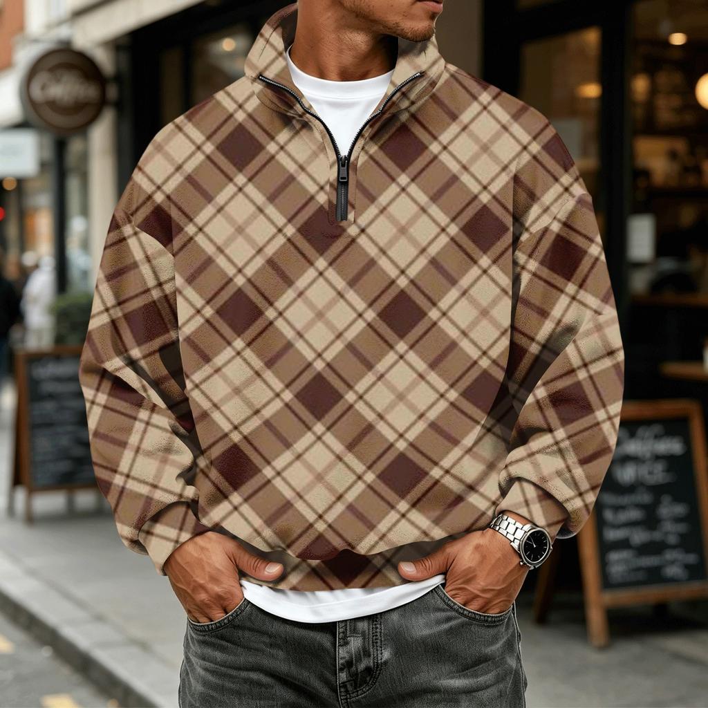 Heren Geruite Quarter-Zip Long Sleeve Flanellen Sweatshirt Casual