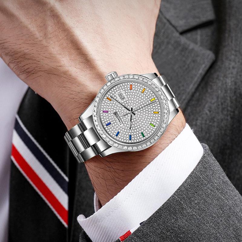 Swiss Automatic Men's Watch: Waterproof, Luminous, Diamond Accents, Steel Band, Quartz Movement.