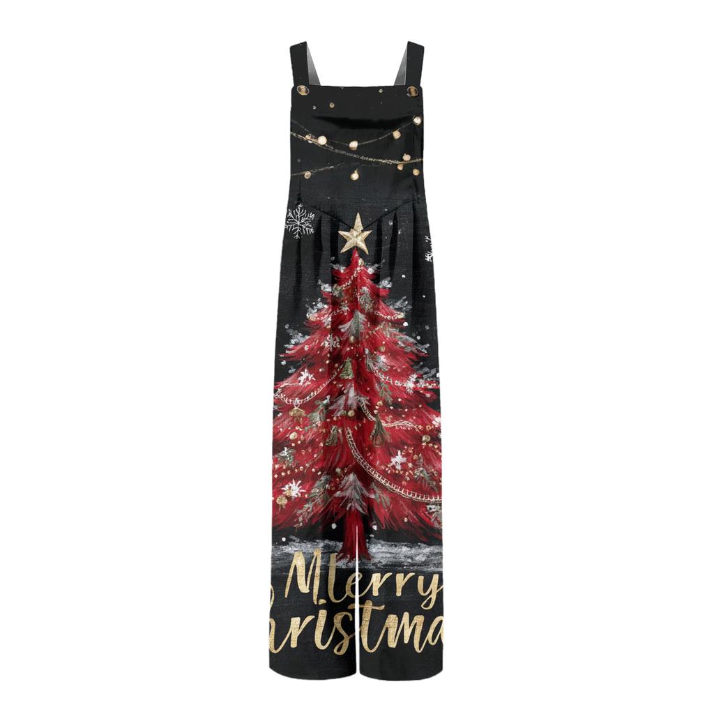 Women's Christmas Print Solid Wide Leg Strapless Tank Pocket Casual Onesie