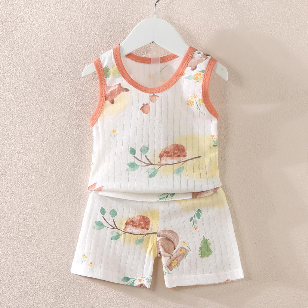 Koreańska wersja zestawu kamizelki dla dzieci Nowy chłopięcy i dziewczęcy dziecięcy kreskówkowy cienki zestaw bez rękawów kamizelki i szortów modny