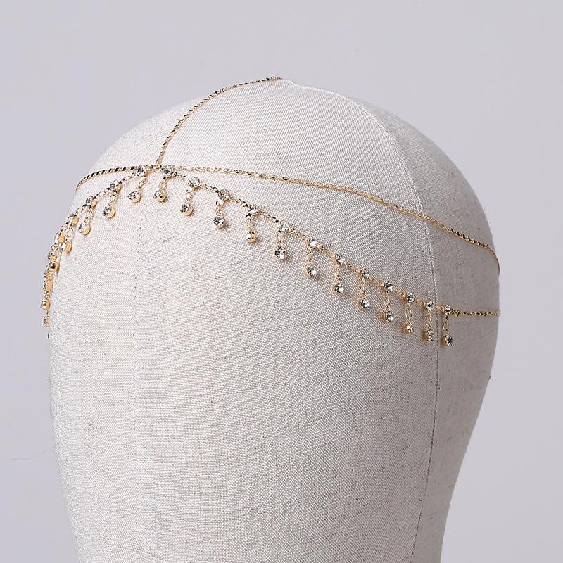 Fashion Bride Crystal Pendant Tassel Hair Chain For Women Exquisite Metal Geometric Multilayer Thin Head Chain Wedding Jewelry
