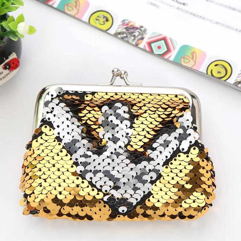 Sequins Mini Wallet Portable Clip Coin Purse with Zipper Cute Small Bag for Earphone Cable & Lipstick Storage