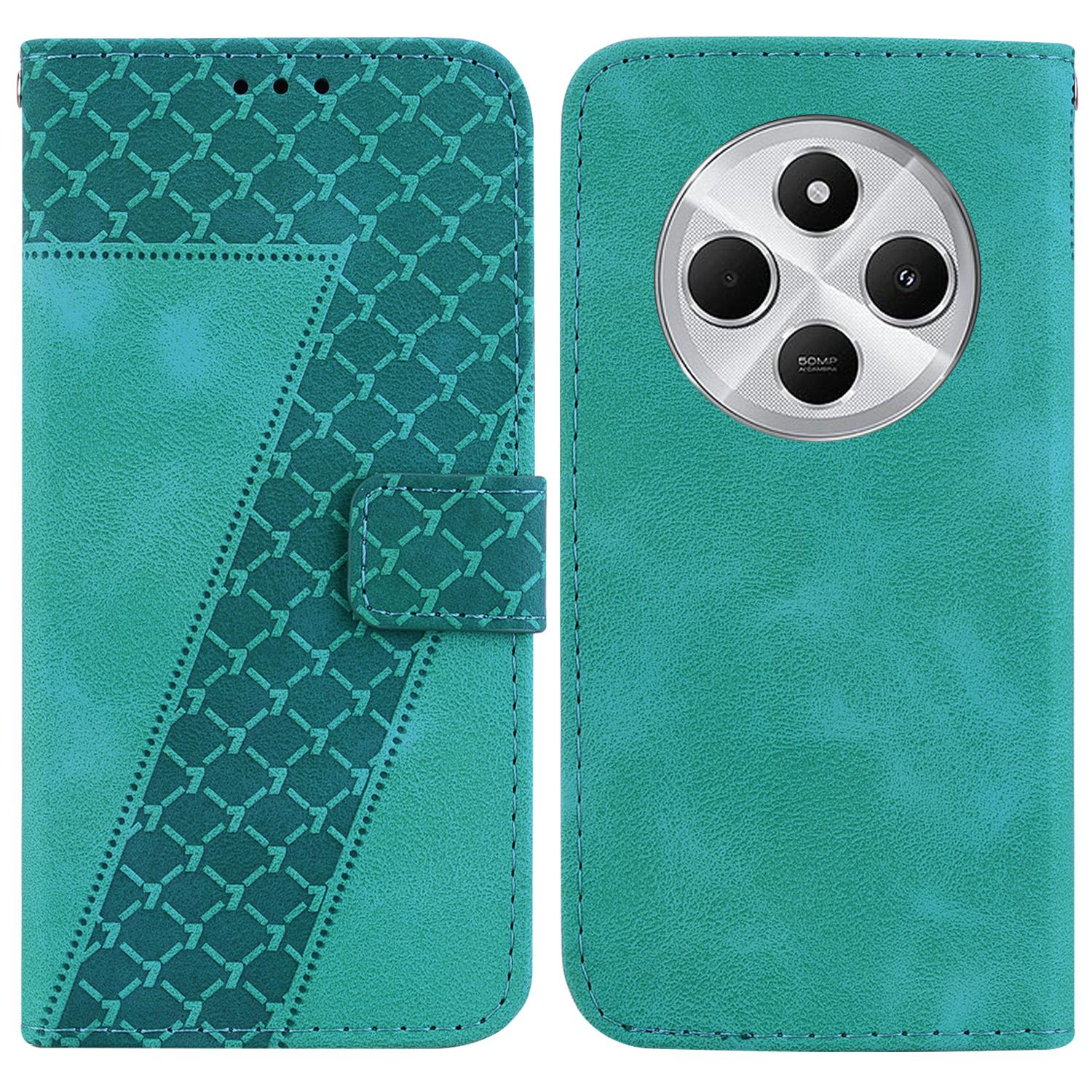 

For Xiaomi Poco C75 4G/Redmi 14R 5G/14C 4G Stand Case 7-Shaped Pattern Imprint Leather Phone Cover Green