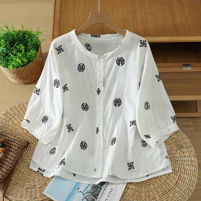 DIMANAF 2026 Plus Size Women Blouse Shirts Tunic Summer Oversize Loose Casual Cotton Linen Lady Tops Embroidery Floral