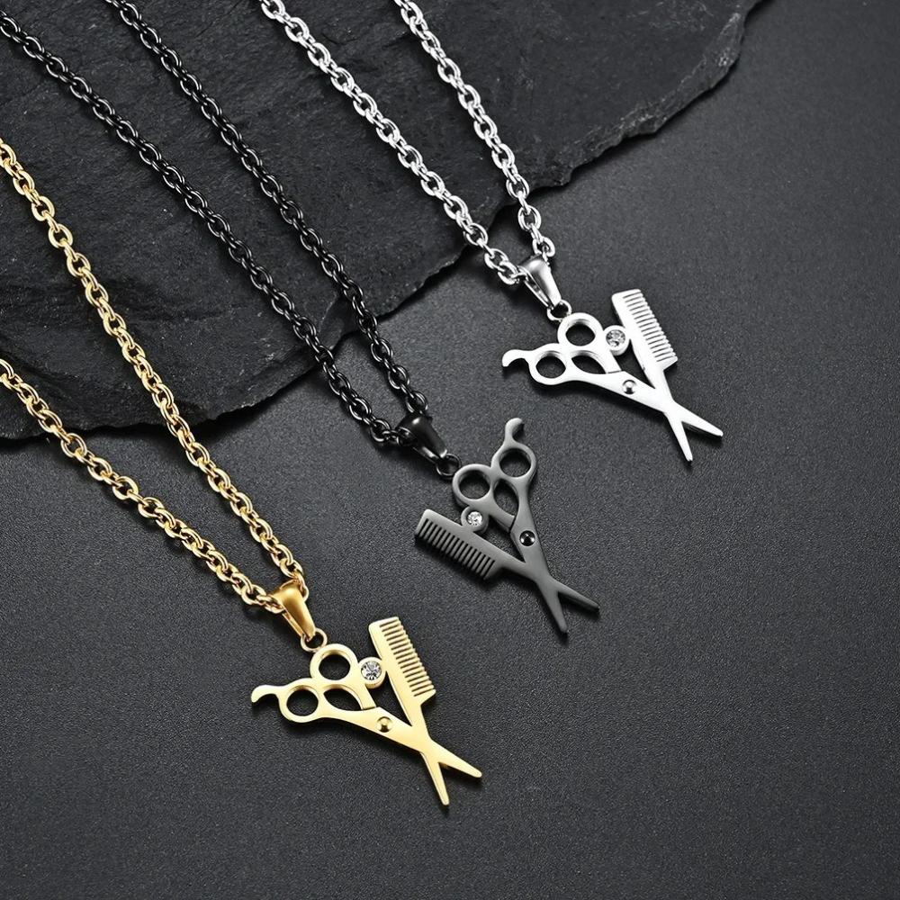 Hairstylist Scissors Comb Pendants Necklaces Stainless Steel Men Personalized Versatile Haircut Necklace Fashion Jewelry Gift