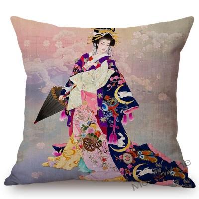 Floral Asian Girl Woman Japanese Geisha Art Sofa Pillow Case Japan Painting Beauty Goddess Home Decor Cotton Linen Cushion Cover