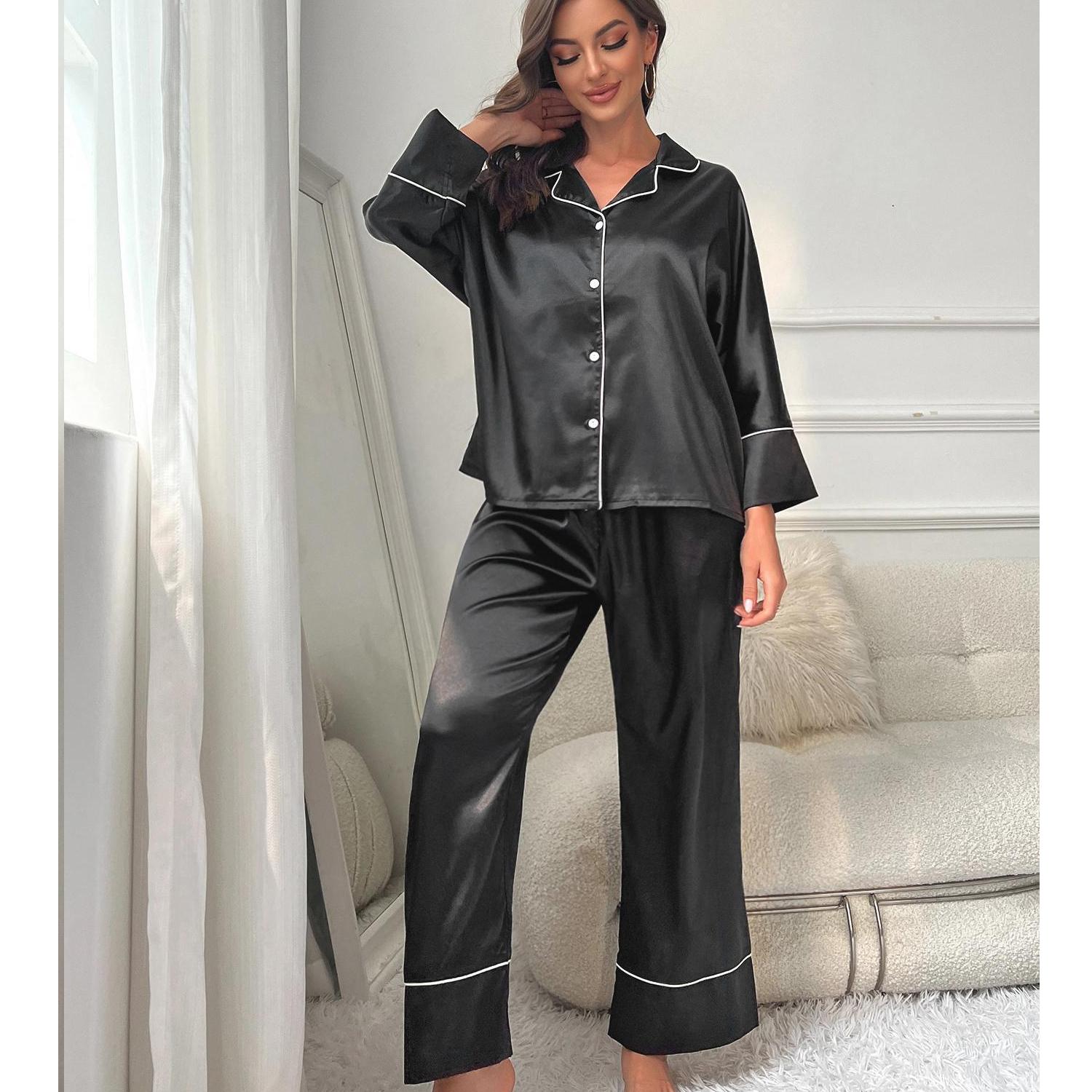 

Женские пижамные костюмы из искусственного шелка и атласа, пижамный комплект с длинными рукавами, рубашка на пуговицах и брюки, пижамная одежда для сна, осенне-весенняя одежда для отдыха XL